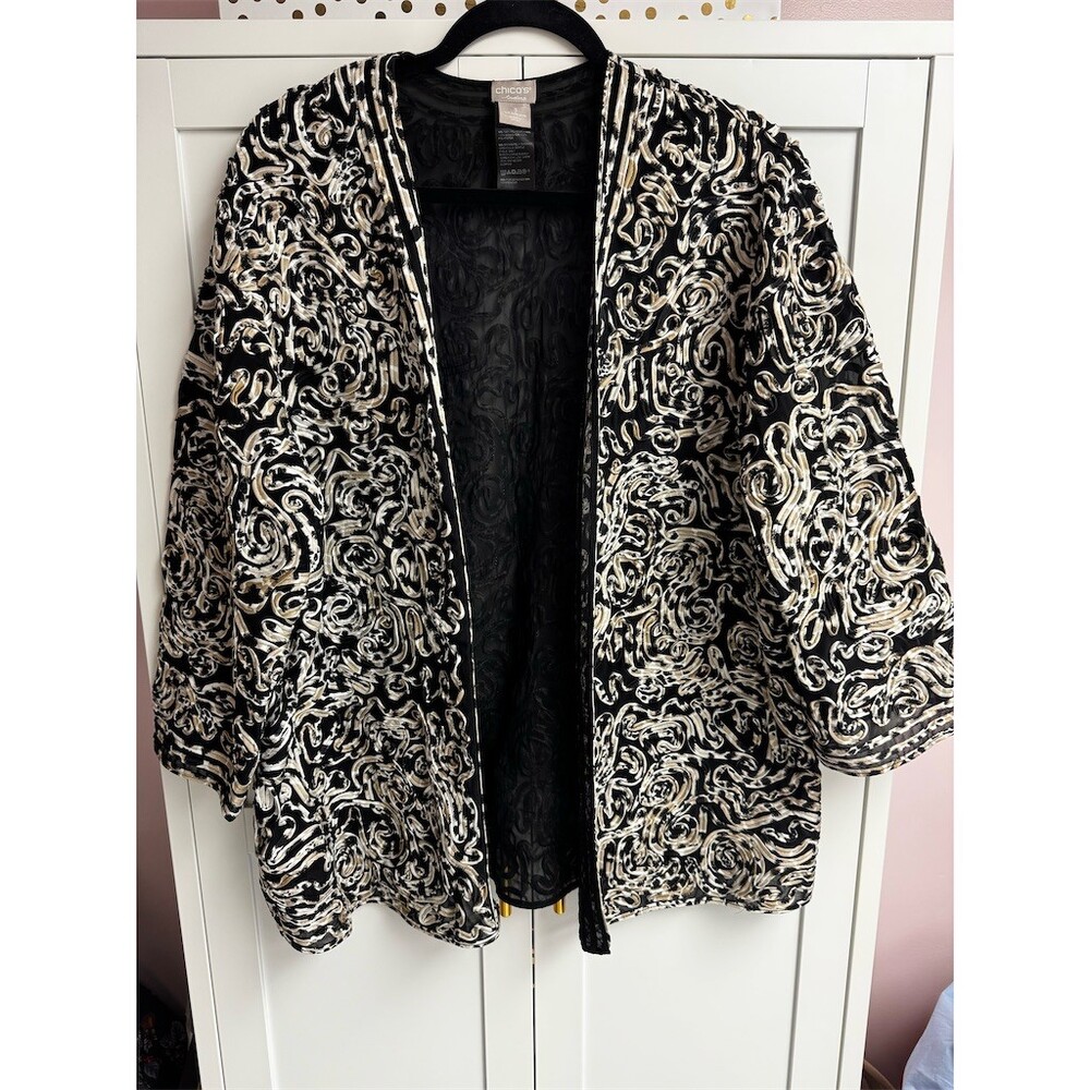 Chico's Travelers Jacket Womens Size 3 Black Ivory Soutache Swirl Open